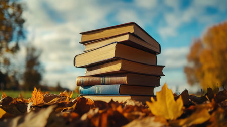 A visually appealing stack of books rests among vibrant autumn leaves, capturing a serene moment in nature that invites leisure reading and reflection outdoors.の素材