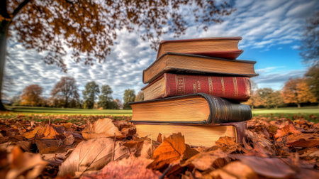 A charming stack of vintage books sits atop fallen autumn leaves in a serene park, showcasing the beauty of nature and the joy of reading amidst lovely seasonal colors.の素材
