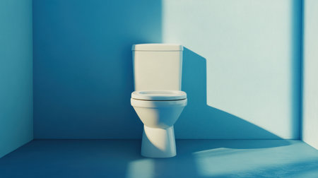 A contemporary bathroom scene showcasing a sleek, white toilet set against a soft blue backdrop, emphasizing cleanliness and modern design elements with soft lighting and shadows.の素材