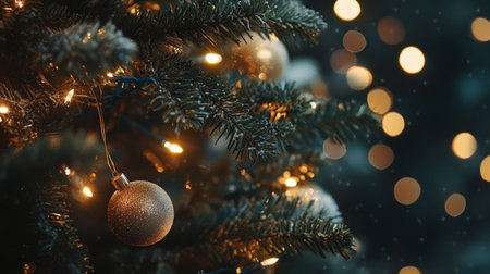 A beautifully decorated Christmas tree featuring shimmering golden ornaments and soft bokeh lights, evoking a warm and magical atmosphere perfect for holiday celebrations.の素材