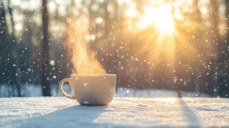 A steaming cup of coffee sits on a snowy surface, surrounded by falling snowflakes and illuminated by the golden rays of the winter sun, creating a serene and cozy atmosphere.の素材