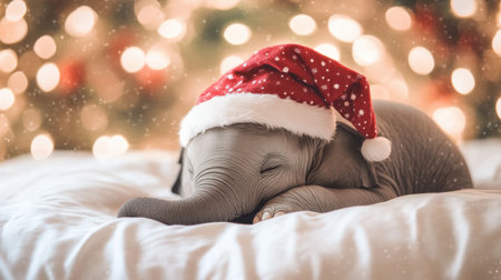 A cute baby elephant wearing a Santa hat peacefully sleeps on a soft pillow, creating a charming and heartwarming holiday scene filled with festive lights.の素材