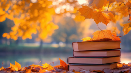 Experience a serene autumn scene featuring a stack of books adorned with colorful maple leaves near a peaceful lake, capturing the essence of cozy reading moments surrounded by nature.の素材