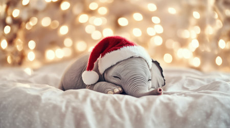 An adorable baby elephant in a Santa hat sleeps on a soft bed, surrounded by warm blurred holiday lights, creating a serene and festive atmosphere perfect for holiday themes.の素材