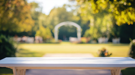 A captivating outdoor wedding setting featuring a white archway amidst vibrant greenery, creating a beautiful backdrop for memorable ceremonies and joyful union celebrations.の素材