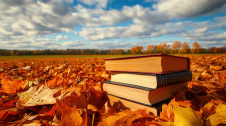 A serene autumn scene featuring a stack of books resting on a colorful blanket of leaves, beneath a sky filled with fluffy clouds, perfect for inspirations and quiet moments.の素材