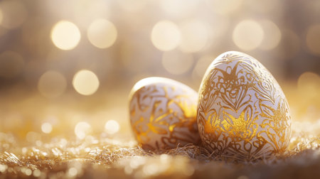 Two exquisite Easter eggs with elegant golden patterns resting on a soft golden background. The bokeh effect adds an enchanting touch, perfect for celebrating spring and life's renewal.の素材