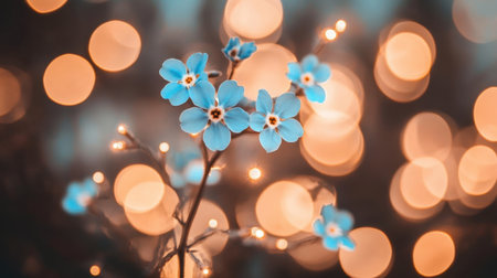 Vibrant blue flowers bloom elegantly surrounded by warm, glowing bokeh lights, creating a serene and enchanting atmosphere perfect for celebrating nature's beauty.の素材