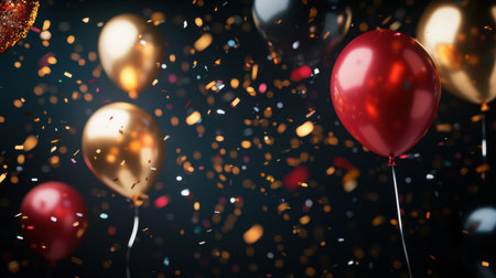 Vibrant balloons and shimmering confetti create a festive scene, perfect for parties and celebrations, capturing joyful moments and festive spirit in the air.の素材