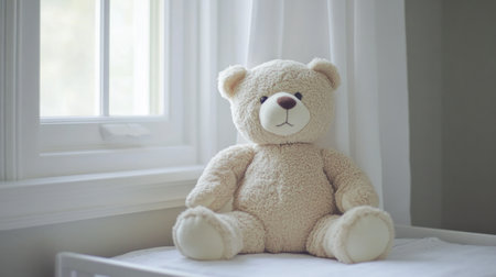 A charming plush bear toy sits on a white bed, bringing warmth and comfort to a serene nursery setting, illuminated by soft natural light through the window.の素材