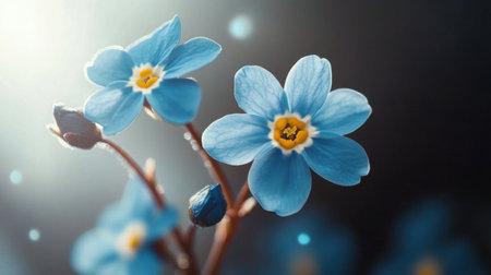 Explore a stunning close-up of delicate blue flowers adorned with vibrant yellow centers, bathed in soft sunlight, creating a serene and inviting atmosphere for nature enthusiasts.の素材