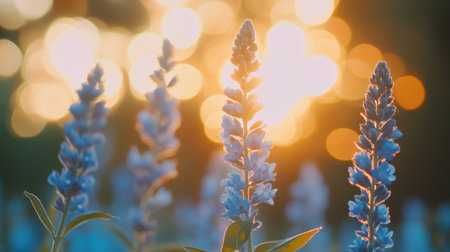 A stunning close-up of blue flowers illuminated by golden sunset light, creating a dreamy bokeh effect. Perfect for evoking peace and beauty in any project.の素材