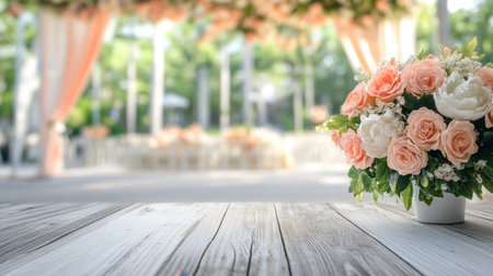 A stunning floral arrangement of pink and white roses in a vase enhances the romantic atmosphere of a beautifully decorated wedding venue with soft greenery.の素材