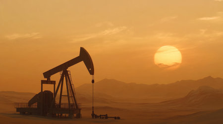 A striking silhouette of an oil pump jack set against a warm golden sunset, illuminating the desert landscape and distant mountains with a serene atmospheric feel.の素材