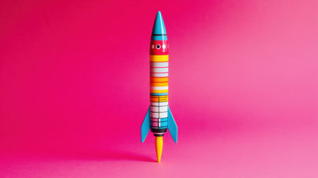 This vibrant toy rocket stands against a pink backdrop, inspiring creativity and exploration in children. A perfect element for playful learning and imaginative play.の素材