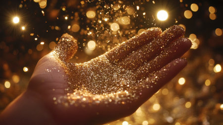 A mesmerizing image of a hand releasing golden glitter, surrounded by soft bokeh lights. This visual evokes a sense of magic and celebration, perfect for various artistic themes.の素材