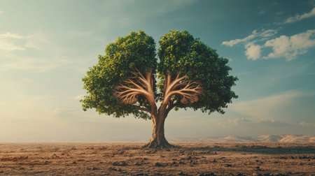 Majestic tree with a wide canopy and elaborate roots stands alone in a calm landscape, embodying the essence of nature, growth, and peaceful existence.の素材