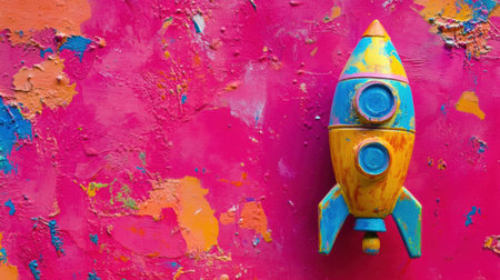 Vibrant wooden rocket toy against a bright pink wall with an artistic, chipped paint texture. Perfect for themes of adventure, creativity, and childhood imagination.の素材