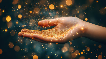 A captivating close-up image featuring a human hand gently holding shimmering golden glitter, creating a magical atmosphere with a soft bokeh background.の素材