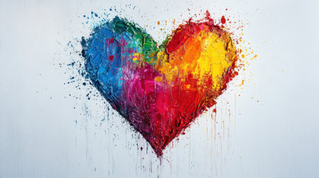 Colorful heart artwork showcases vibrant splashes of paint on a white background, symbolizing love, creativity, and emotion through artistic expression and lively colors.の素材