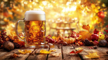 A frosty beer mug rests on a wooden table, surrounded by vibrant autumn leaves and small pumpkins, capturing the essence of a cozy fall gathering in a warm and inviting atmosphere.の素材
