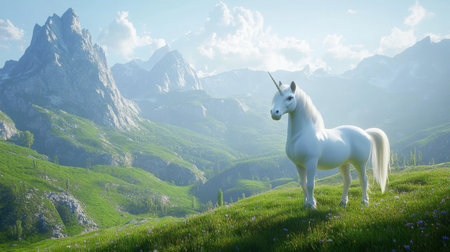 A stunning unicorn stands gracefully in a vibrant meadow, surrounded by majestic mountains and a bright, blue sky, embodying the essence of fantasy in natureの素材