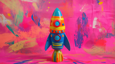 A colorful rocket model sits against a vibrant abstract background, showcasing creativity and imagination, perfect for design projects and playful themes.の素材