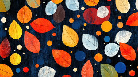 A captivating pattern featuring colorful leaves and circles against a dark background, perfect for autumn-themed projects and creative designs. Ideal for various decorative uses.の素材