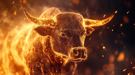 Dramatic depiction of a bull engulfed in flames, representing strength and power. Ideal for projects that require themes of energy, intensity, and resilience in an artistic manner.の素材