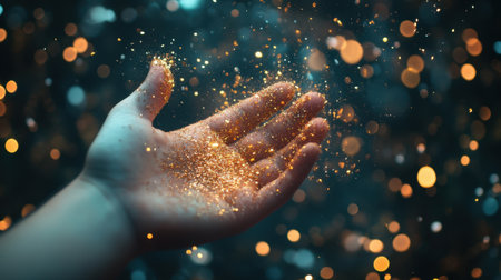 A captivating close-up of a hand releasing sparkling golden glitter, creating a whimsical and magical atmosphere filled with twinkling lights and a dreamy backdrop.の素材