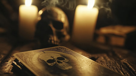 Captivating still life featuring candles, a skull, and playing cards, creating an eerie mood perfect for Halloween, gothic themes, or artistic expression.の素材