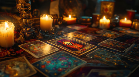 A captivating scene featuring tarot cards laid out on a richly colored cloth with flickering candles, evoking a sense of mystery and spiritual exploration in a dimly lit setting.の素材