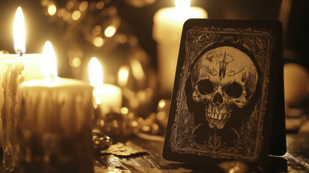 A captivating skull card set against a backdrop of flickering candles, creating a mystical atmosphere ideal for Halloween themes or otherworldly projects.の素材