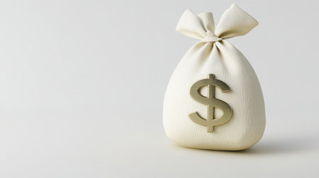 This image features a pristine white money bag adorned with a dollar sign, symbolizing financial concepts, savings, and wealth. Ideal for various business and finance projects.の素材