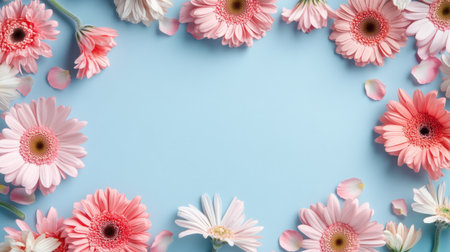 A captivating display of pink and white gerbera daisies on a serene blue background, ideal for conveying beauty and joy in spring or summer-themed projects.の素材