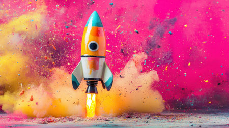 A toy rocket lifts off amidst bright pink and yellow smoke, creating a dynamic explosion effect, perfect for imaginative and colorful project themes in photography or design.の素材