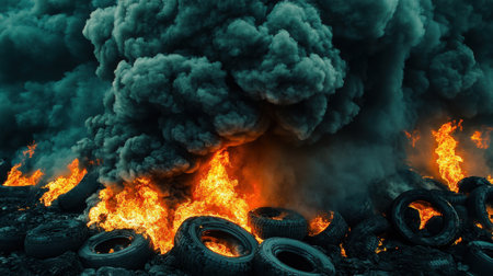 A dramatic scene of burning tires creates a striking image filled with smoke and flames, highlighting environmental concerns and the chaos of fire amidst dark surroundings.の素材
