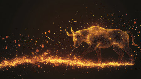 A captivating golden bull moves gracefully through a sparkling trail of particles, creating a mesmerizing visual that symbolizes power and prosperity in an enchanting atmosphere.の素材