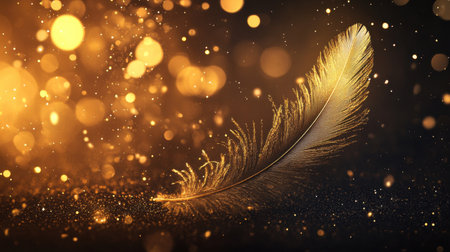 A stunning golden feather floats through a dreamy bokeh backdrop filled with warm shimmering lights, creating an enchanting and serene atmosphere perfect for artistic projects.の素材