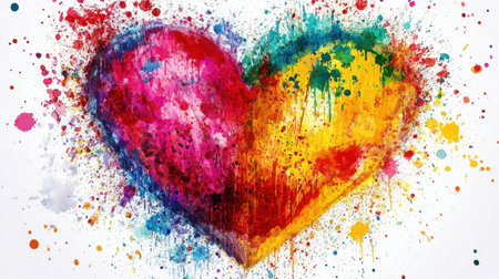 This striking illustration features a colorful heart design with a vibrant splatter effect, symbolizing love and passion, perfect for romantic themes and artistic expressions.の素材