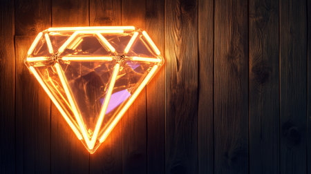 A striking neon diamond shape glowing against a rustic wooden background, perfect for adding a unique touch to modern interiors and creative spaces.の素材