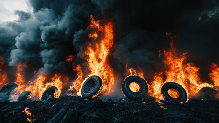 An intense image depicting burning tires engulfed in flames and surrounded by thick black smoke, showcasing the dramatic impact of industrial fires and environmental hazards.の素材