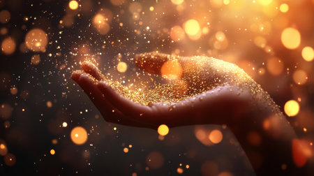 A graceful hand releases sparkling gold dust into the air, enveloped by warm bokeh lights, creating a mesmerizing and dreamlike effect perfect for festive celebrations or artistic projects.の素材