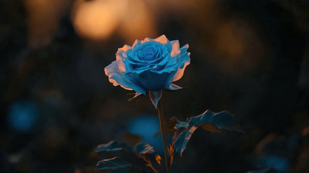 An enchanting blue rose stands gracefully against a dark backdrop, illuminated by soft light, creating a serene atmosphere perfect for nature lovers and floral enthusiasts.の素材