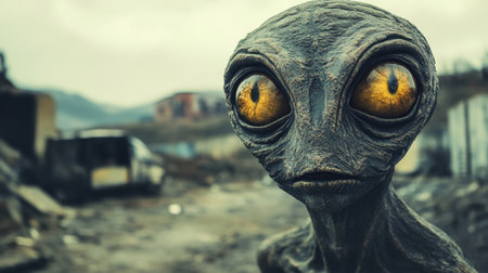 Discover a captivating portrayal of an alien figure with striking yellow eyes, set against a desolate backdrop of abandoned structures, evoking intrigue and mystery in every detail.の素材