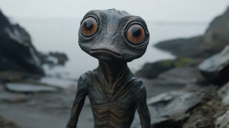 A curious humanoid creature with large eyes stands on a rocky shoreline, set against a serene and mysterious backdrop that stirs the imagination.の素材