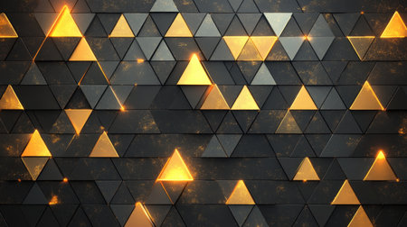 Explore a captivating abstract background featuring shiny gold and black triangles, perfect for creative projects needing a modern and elegant touch.の素材