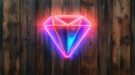 A striking neon diamond shape against a rustic wooden backdrop, showcasing vibrant colors and modern artistry perfect for stylish decor and creative projects.の素材