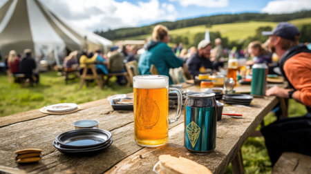 Enjoy a vibrant outdoor beer gathering featuring a frosty glass and can of craft beer, surrounded by smiling people, enjoying nature on a sunny day. Perfect for celebrations.の素材