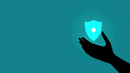 A creative illustration of a hand holding a luminous shield, symbolizing digital safety and security in an online environment against potential threats.の素材